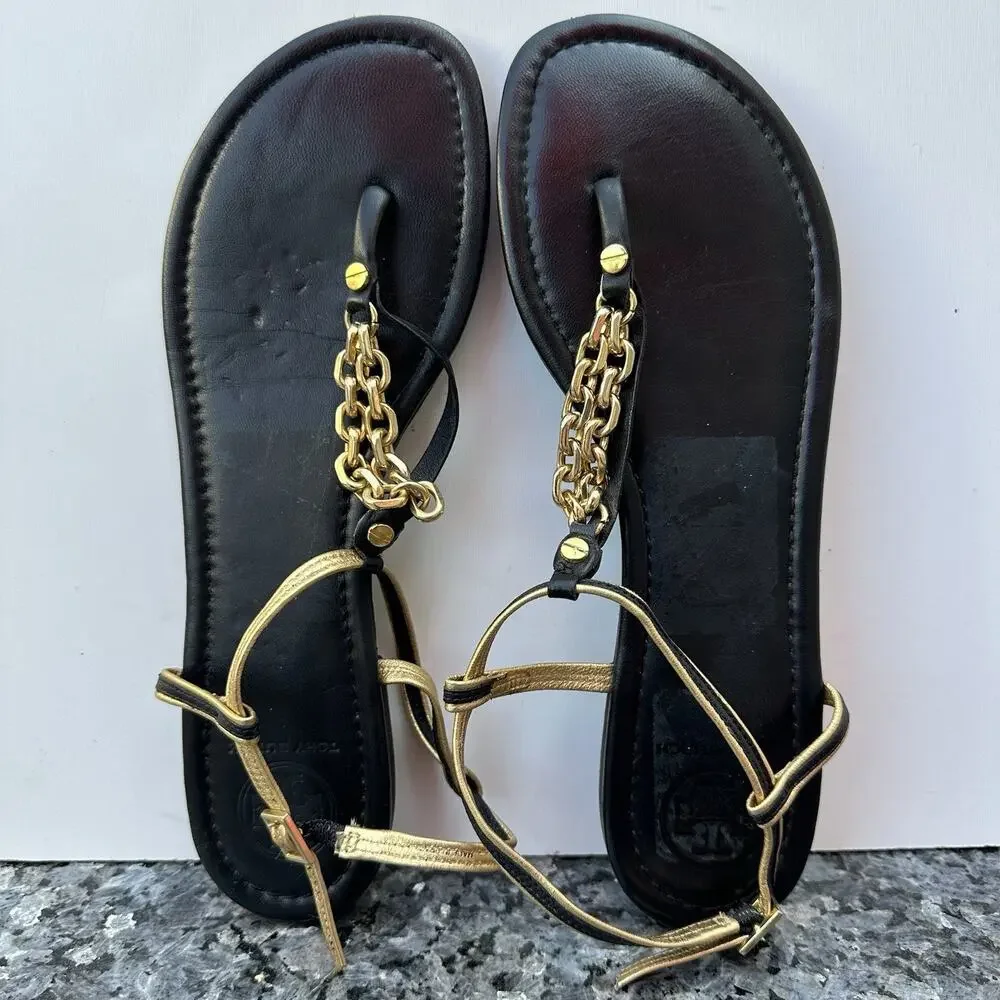 Tory Burch Shane Mestico T-Strap Sandals Women's sz 10 Black & Gold Tone Chain